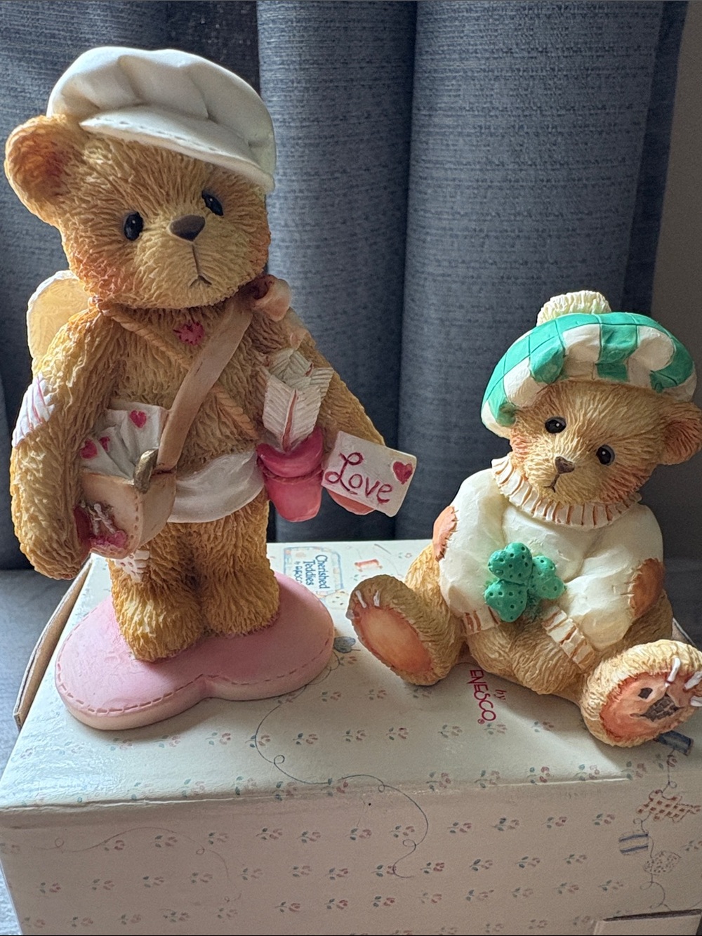 Cherished Teddies Tan Bear Figurine with Green Hat and White Sweater1993s